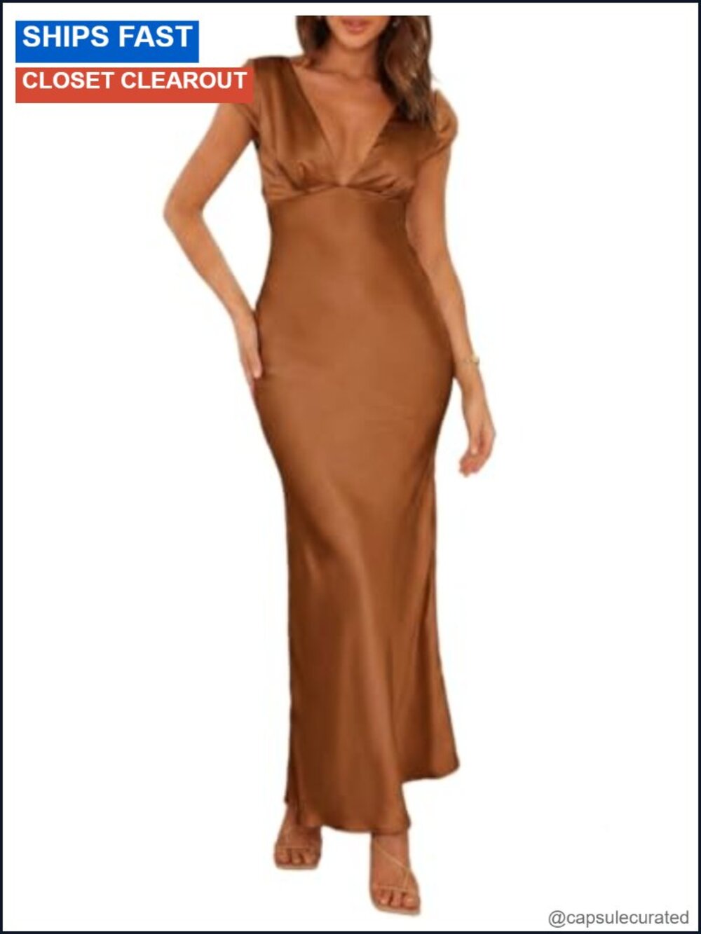 Women's Satin Midi Dress V Neck Twist Back Cap Sleeve Formal